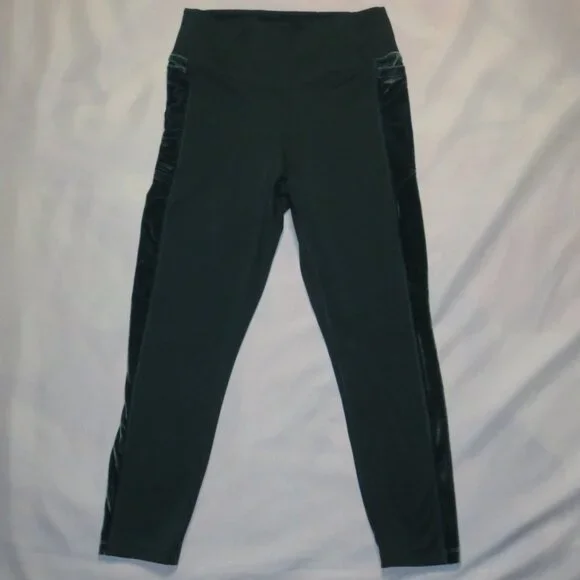 PINK womens LEGGINGS athletic GREEN high-rise COZY velour stripes SIZE M - Picture 2 of 10